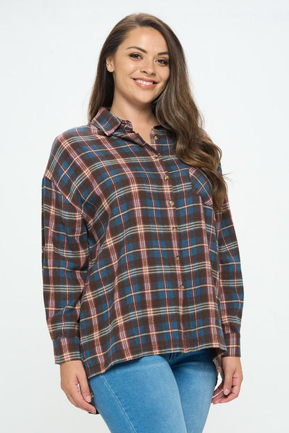 PLUS SIZE PLAID BUTTON UP SHIRT-BLUE MIX