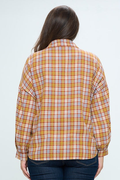 PLUS SIZE PLAID BUTTON UP SHIRT- RUST MIX