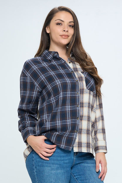 PLUS SIZE PLAID BUTTON UP SHIRT- DOU MIX