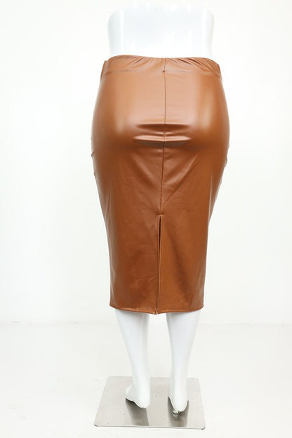 HIGHWAIST SCRUNCH MIDDLE FAUX LEATHER SKIRT-CAMEL