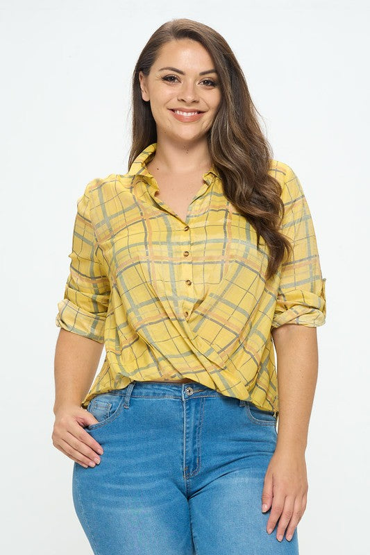 PLUS SIZE PLAID TWIST FRON PLAID TOP-YELLOW MIX