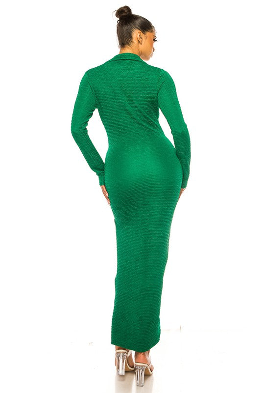 PLUS SIZE LONG SLEEVE COLLARD MAXI DRESS