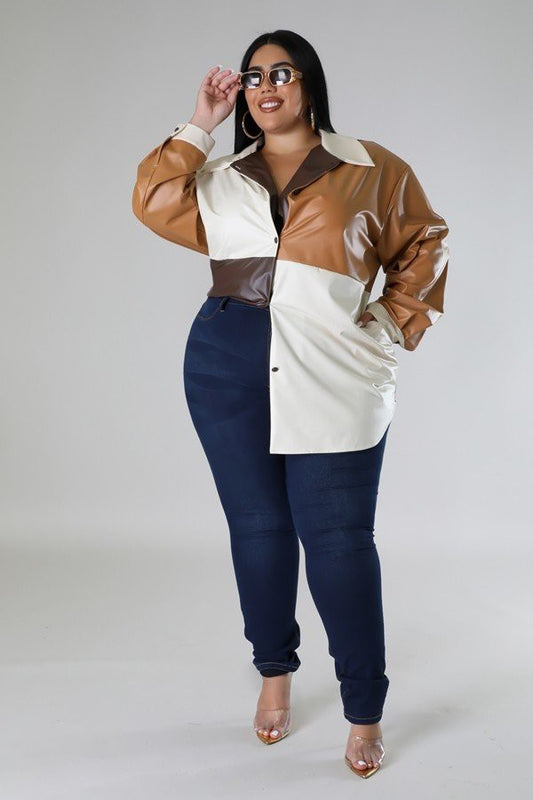 PLUS SIZE COLOR BLOCK FAUX LEATHER SHIRT