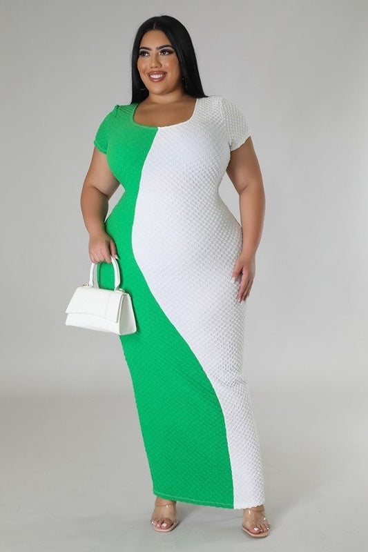 PLUS SIZE HALF & HALF MAXI DRESS-GREEN/WHITE