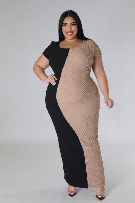 PLUS SIZE HALF & HALF MAXI DRESS-TAUPE/BLACK