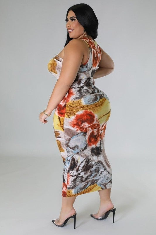 PLUS SIZE MULTI PRINTED BODYCON DRESS