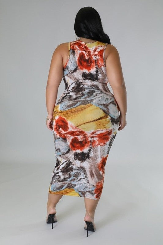 PLUS SIZE MULTI PRINTED BODYCON DRESS