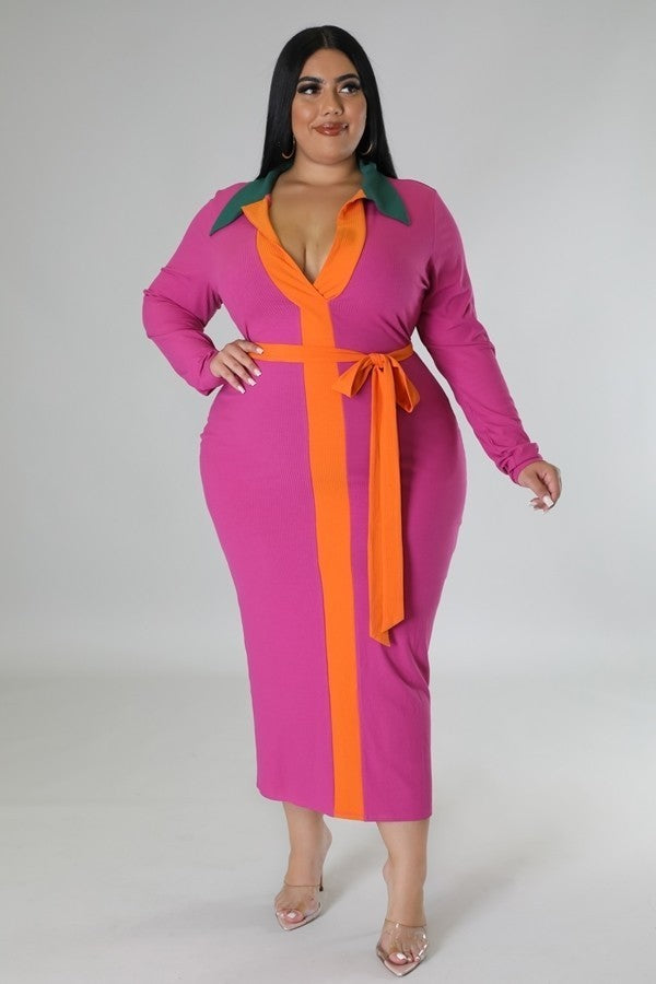 COLOR BLOCK SMALL RIBBED COLLARD DRESS