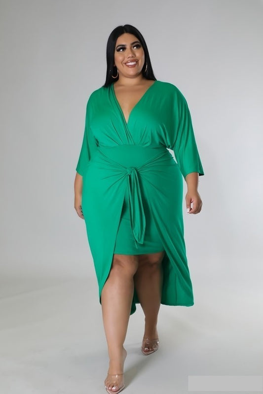 PLUS SIZE V-FRONT SELFTIE DRESS-GREEN