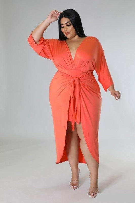 PLUS SIZE V-FRONT SELFTIE DRESS-CORAL