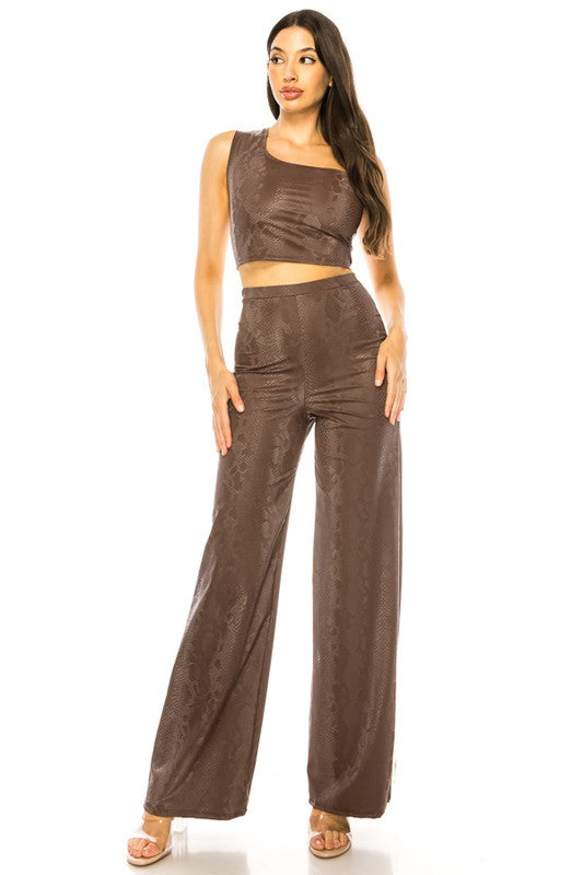 ONE SHOULDER FAUX LEATHER 2-PIECE PANT SET-CHOCOLATE