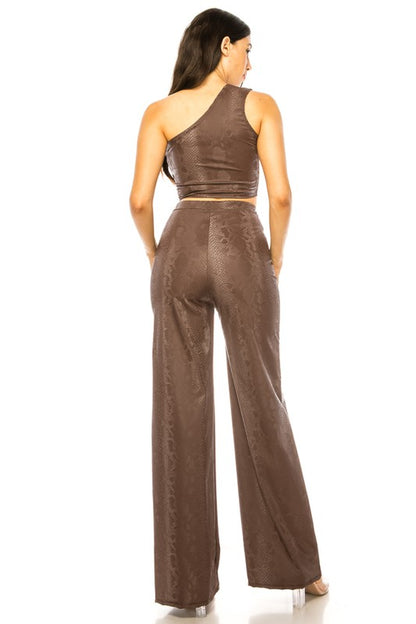 ONE SHOULDER FAUX LEATHER 2-PIECE PANT SET-CHOCOLATE