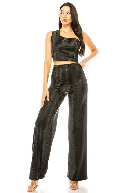 ONE SHOULDER FAUX LEATHER 2-PIECE PANT SET-BLACK