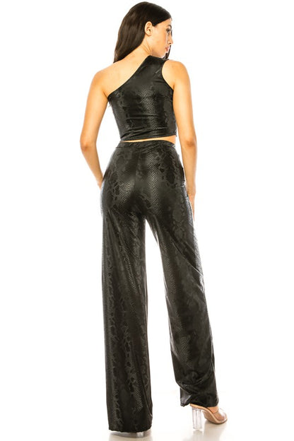 ONE SHOULDER FAUX LEATHER 2-PIECE PANT SET-BLACK