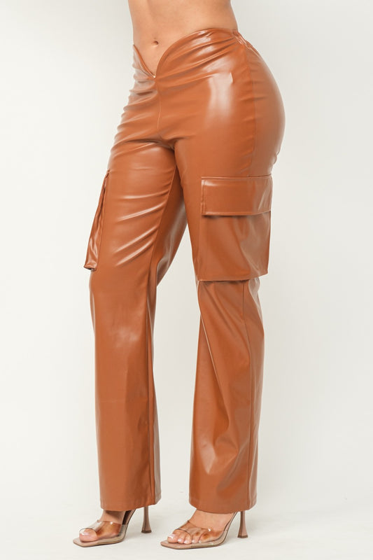 Leather Front V-Cut Side Flap Pocket Cargo Pants