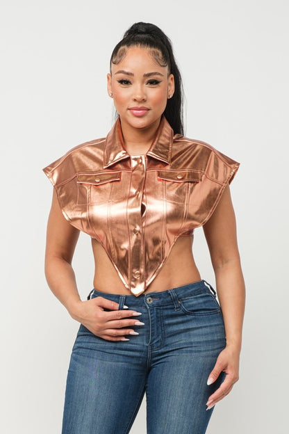 Leather Button Down Pockets Open Sides Vest Top-ROSE GOLD