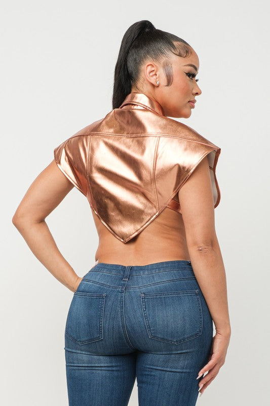 Leather Button Down Pockets Open Sides Vest Top-ROSE GOLD