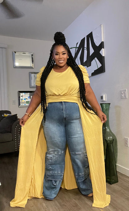 PLUS SIZE LONG FLARE FRONT PUFF SHOULDER TOP-YELLOW