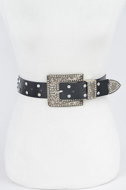 Rhinestone Buckle Metallic Plus Size Belt-BLACK