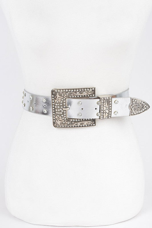 Rhinestone Buckle Metallic Plus Size Belt-SILVER