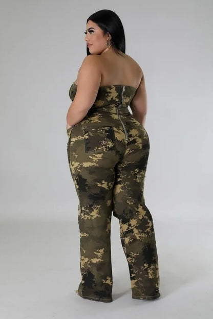 CAMO PLUS SIZE Stretch jumpsuit, Tube, Pockets, Zipper closure