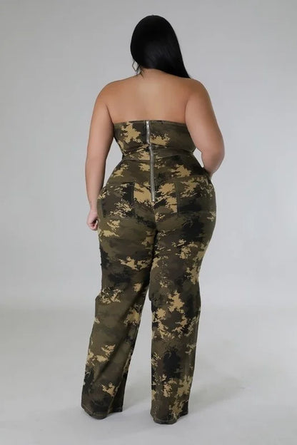 CAMO PLUS SIZE Stretch jumpsuit, Tube, Pockets, Zipper closure