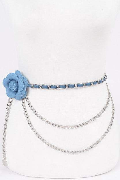 Flower Metal Double Layered Plus Size Chain Belt-BLUE/SILVER