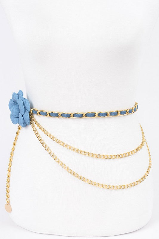 Flower Metal Double Layered Plus Size Chain Belt-BLUE/GOLD