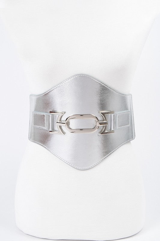 Faux Leather Wide Elastic Plus Size Belt -SILVER