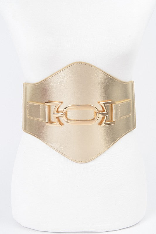 Faux Leather Wide Elastic Plus Size Belt -GOLD