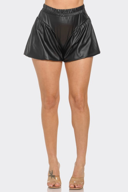 Faux Leather Pleated Bubble Shorts-BLACK