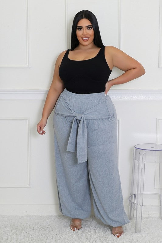 PLUS SIZE JEANNIE JOGGERSS W/Self-tie strapS-GREY