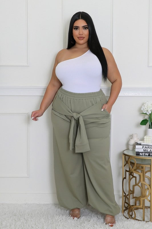 PLUS SIZE JEANNIE JOGGERSS W/Self-tie strapS-OLIVE