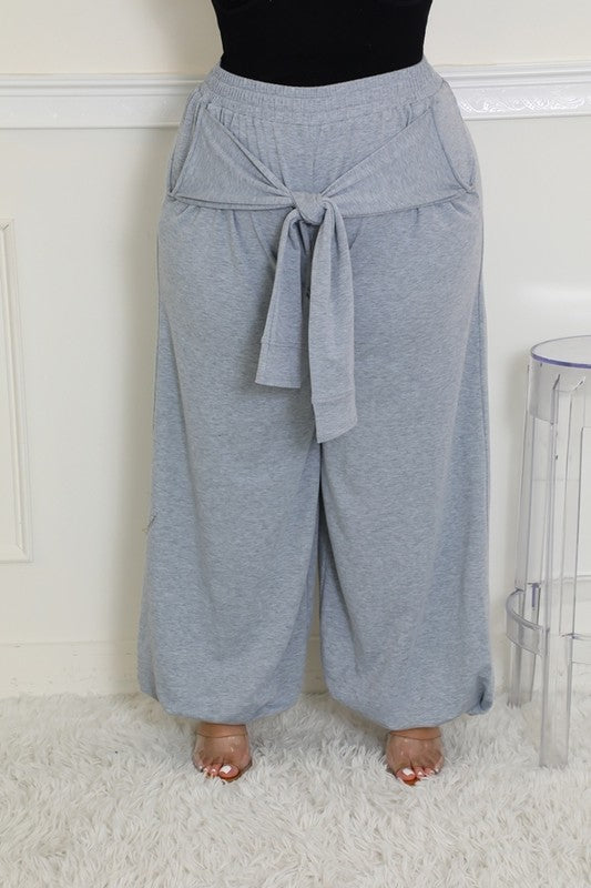 PLUS SIZE JEANNIE JOGGERSS W/Self-tie strapS-GREY