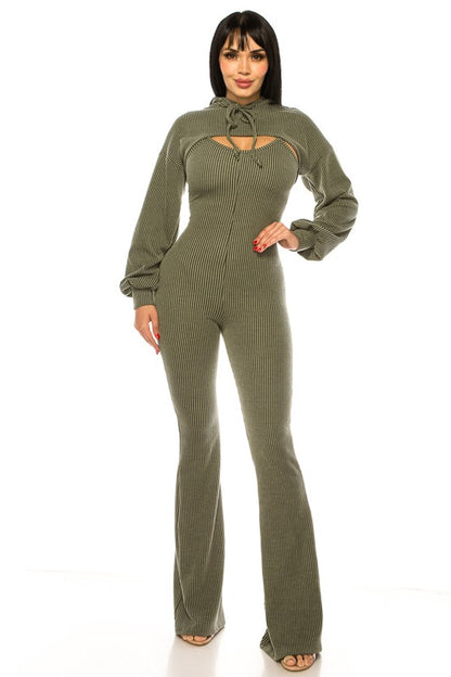 PLUS SIZE 2-PIECE RIBBED HOODIED BELL BUTTOM SET-OLIVE