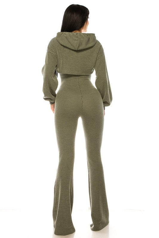 PLUS SIZE 2-PIECE RIBBED HOODIED BELL BUTTOM SET-OLIVE