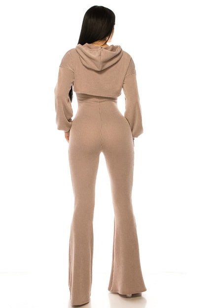 PLUS SIZE 2-PIECE RIBBED HOODIED BELL BUTTOM SET-TAUPE