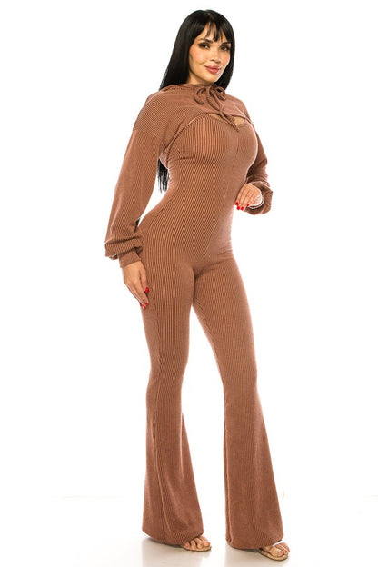 PLUS SIZE 2-PIECE RIBBED HOODIED BELL BUTTOM SET-TOFFEE