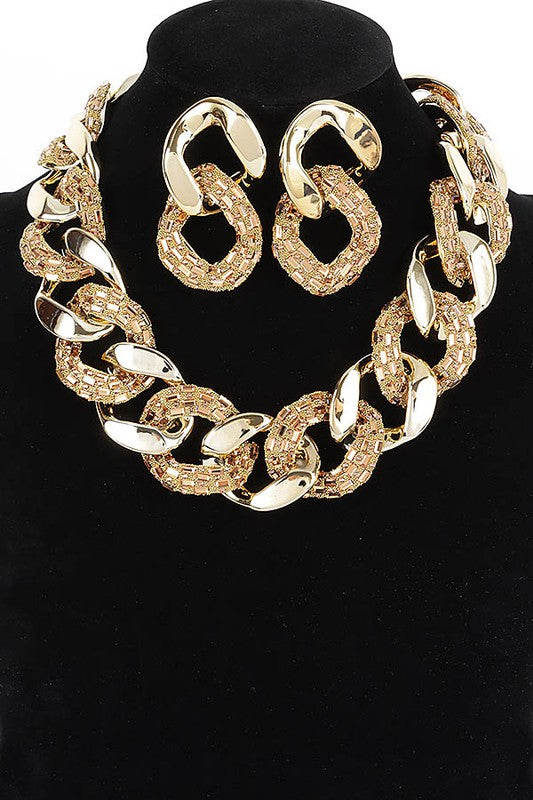 CCB Chain Rhinestone Necklace Set-GOLD