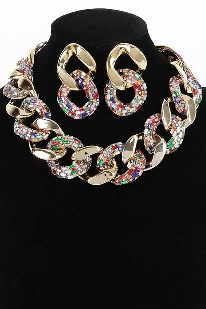 CCB Chain Rhinestone Necklace Set-MULTI