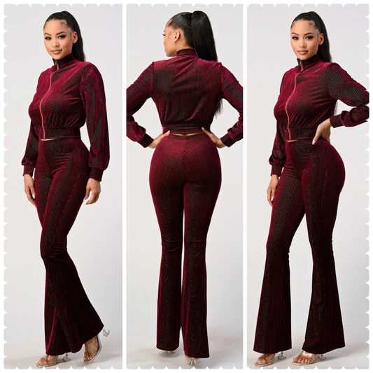 Velvet 2-Piece Bomber Jacket and Flare Pants Set-Burgundy