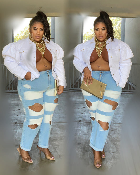 PLUS SIZE PUFF SLEEVE BUTTON DENIM JACKET