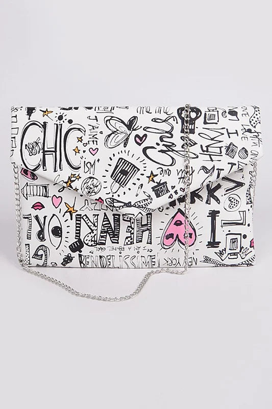 Lovely Doodle Printed Envelope Clutch-WHITE