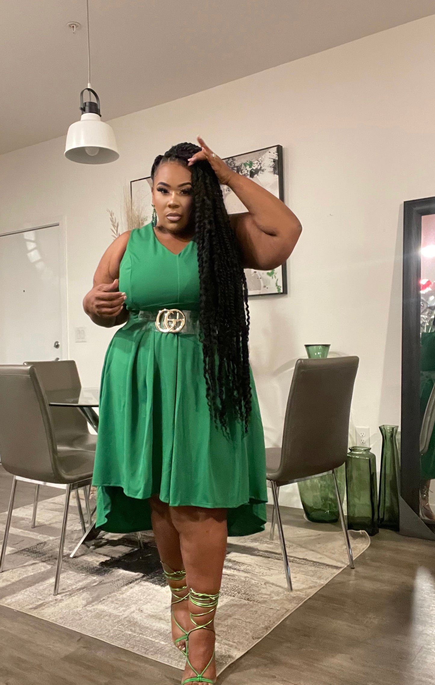 PLUS SIZE SLEEVELESS V-NECK HIGH-LOW MIDI DRESS-KELLY GREEN