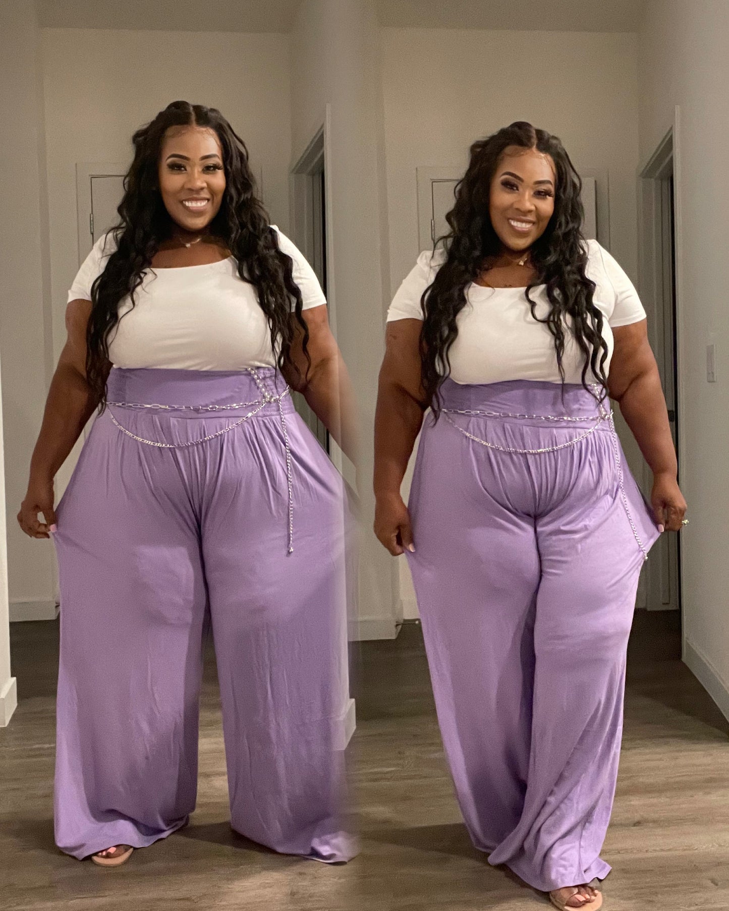 PLUS SMOCKED WAIST WIDE LEG PANTS-LAVENDAR