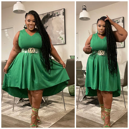 PLUS SIZE SLEEVELESS V-NECK HIGH-LOW MIDI DRESS-KELLY GREEN