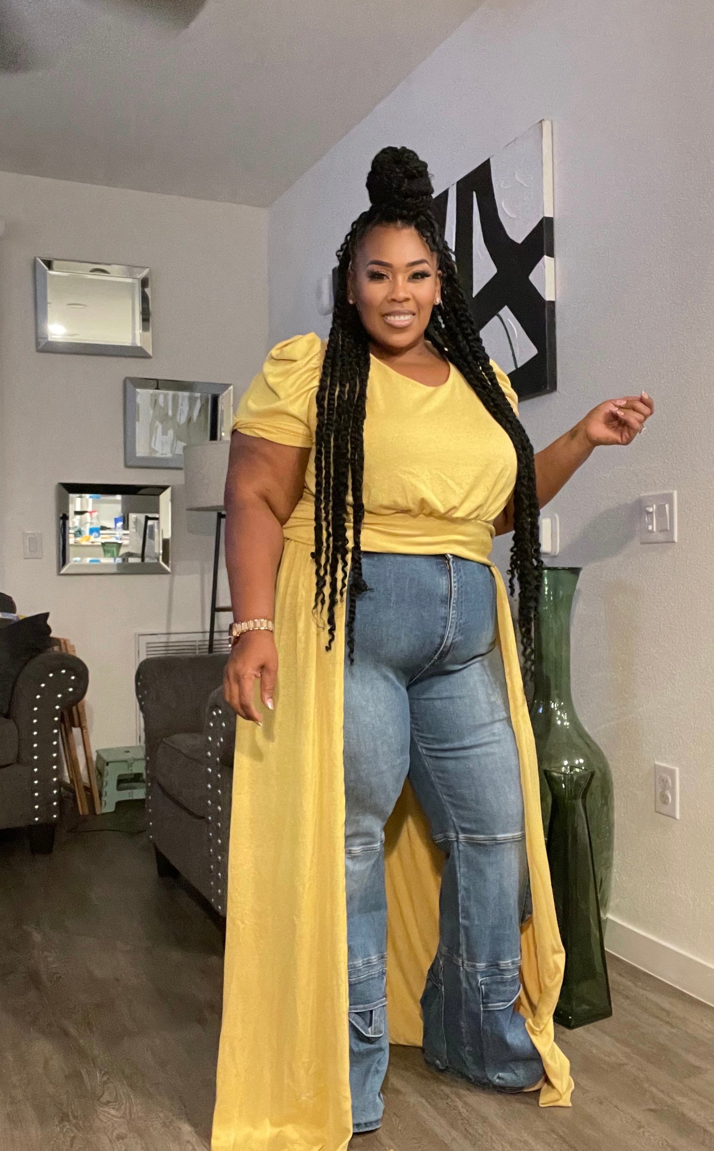 PLUS SIZE LONG FLARE FRONT PUFF SHOULDER TOP-YELLOW