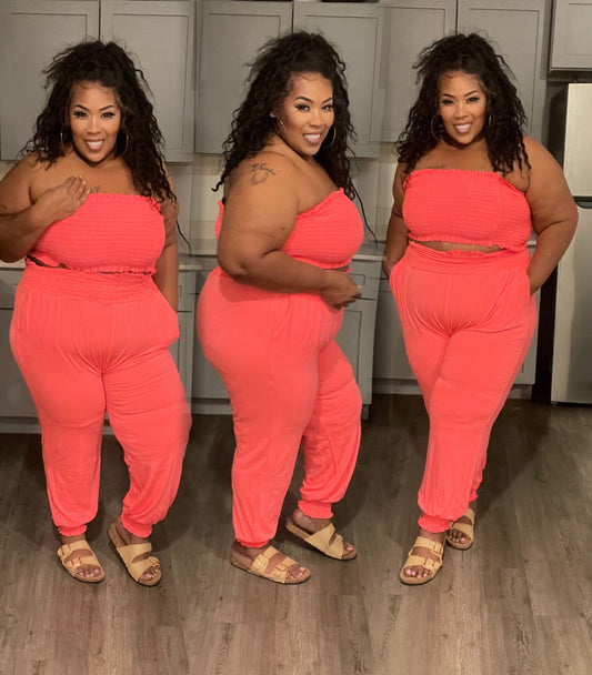 PLUS SMOCKED TUBE TOP & JOGGER PANTS-NEON CORAL