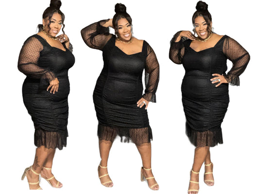 Plus Size Polka Dot Mesh Lil Black Dress