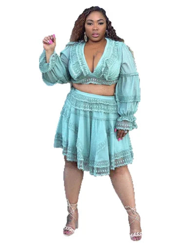 PLUS SIZE "CAN'T TAKE YOUR EYES OFF ME 2-PIECE SKIRT SET" -SAGE